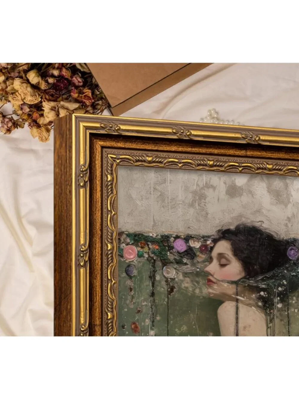Vintage Gold Framed Wall Art, Romantic Gothic Oil Painting Canvas, Dark Academia